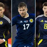 Scotland players Scott McTominay, left, Stuart Armstrong, centre, and Kieran Tierney, right