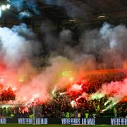 Celtic fans let off pyrotechnics during a cinch Premiership match at Easter Road