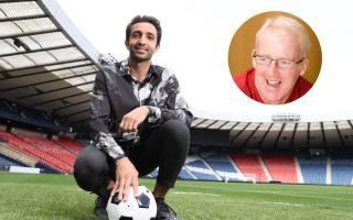 Pedram Ardalany at Hampden and, inset, Celtic great Tommy Burns