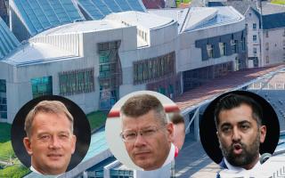The Scottish parliament at Holyrood, main picture, SFA chief executive Ian Maxwell, left, SPFL chiefd executive Neil Doncaster, centre, and First Minister Humza Yousaf, right