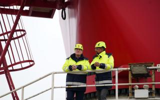 Keir Starmer and Welsh First Minister Vaughan Gething on board the jack-up barge Excalibur