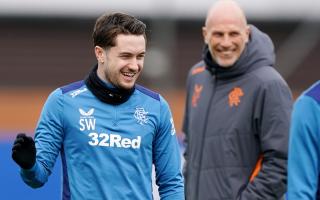 Rangers winger Scott Wright, left, enjoys a laugh with manager Philippe Clement in training at Auchenhowie