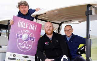 John Hartson, centre, with Lubomir Moravcik, left, and Martin O'Neill, right, at his Hartson Foundation charity golf day at Turnberry yesterday