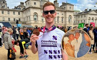 Callum Davidson, 26, with his London Marathon medal after running for Crosshouse Children's Fund and, inset, Callum and Andrew at birth