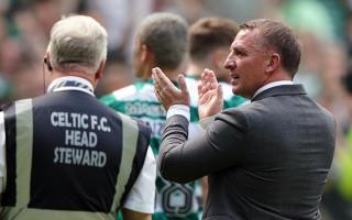 Brendan Rodgers, right, applauds the Celtic fans at Parkhead on Saturday after his side's 2-1 win over Rangers