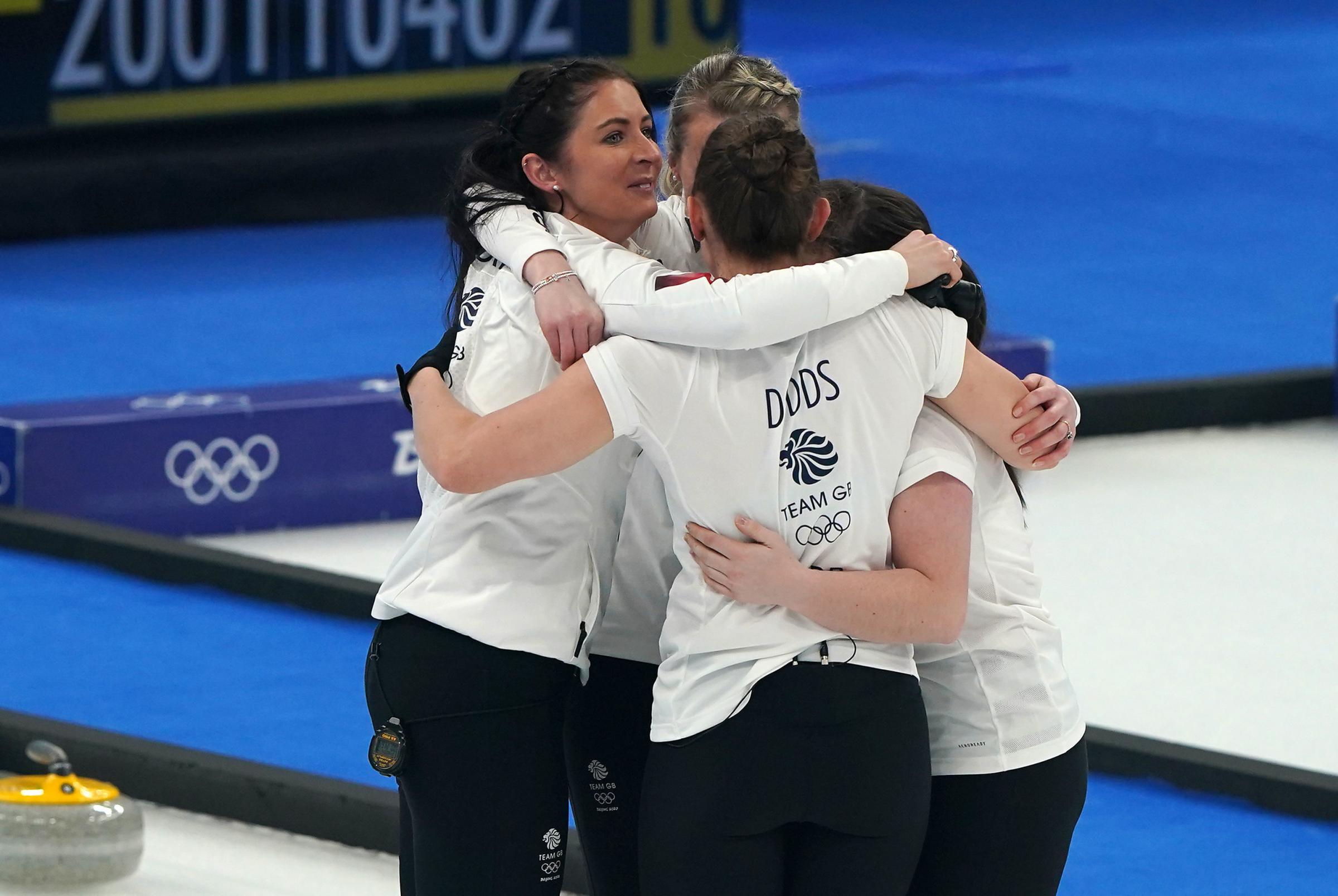 Great Britains Eve Muirhead, Vicky Wright, Hailey Duff and Jennifer Dodds celebrates winning gold in the Womens Gold Medal Game.