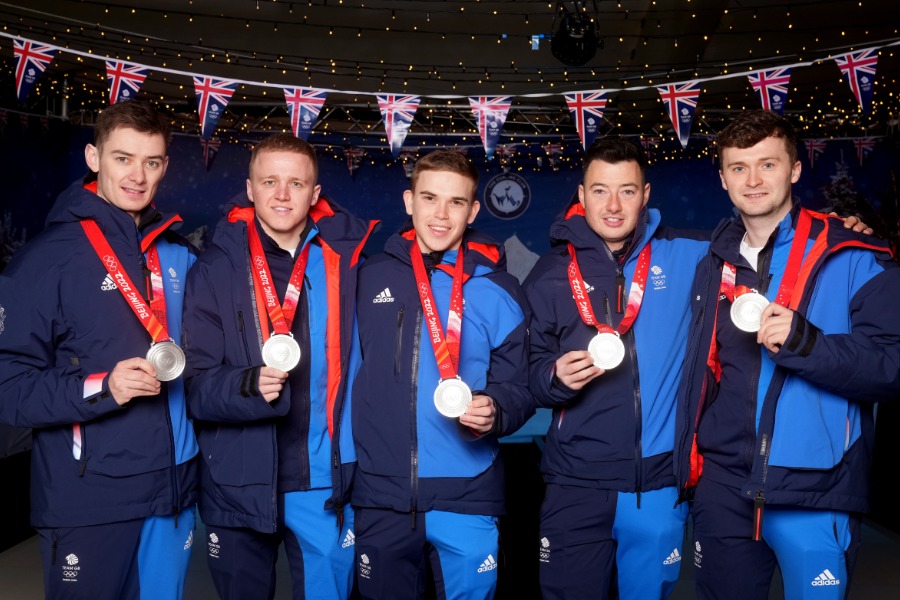 Team GB mens curling silver medallists Grant Hardie, Bobby Lammie, Ross Whyte, Hammy McMillan and Bruce Mouat.