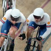 Mark Stewart (left) on his way to winning madison silver at the 2023 Cycling World Championships