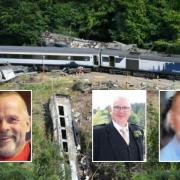 The fatal Carmont rail crash with (inset) the victims (from left) passenger Christopher Stuchbury, ScotRail conductor Donald Dinnie and driver Brett McCullough,
