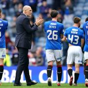 Rangers manager Philippe Clement, second left, applauds supporters with his players following the 4-1 win over Kilmarnock at Ibrox this afternoon