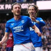 Ben Davies celebrates scoring his first goal for Rangers against Kilmarnock at Ibrox today with his team mate Fabio Silva