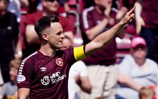 Hearts captain Lawrence Shankland celebrates scoring against Rangers at Tynecastle today