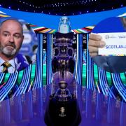 The Henri Delaunay trophy in Hamburg for the Euro 2024 draw, main picture, Scotland manager Steve Clarke, inset left, and Scotland come out of Pot 3, inset right