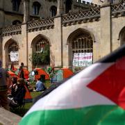 Students at an encampment on the grounds of Cambridge University, protesting against the war in Gaza
