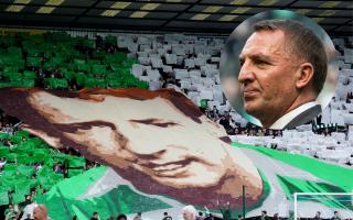 The giant tifo of Celtic great Tommy Burns at Rugby Park last night, main picture, and Parkhead manager Brendan Rodgers, inset
