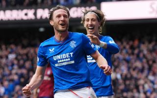 Ben Davies celebrates scoring his first goal for Rangers against Kilmarnock at Ibrox today with his team mate Fabio Silva