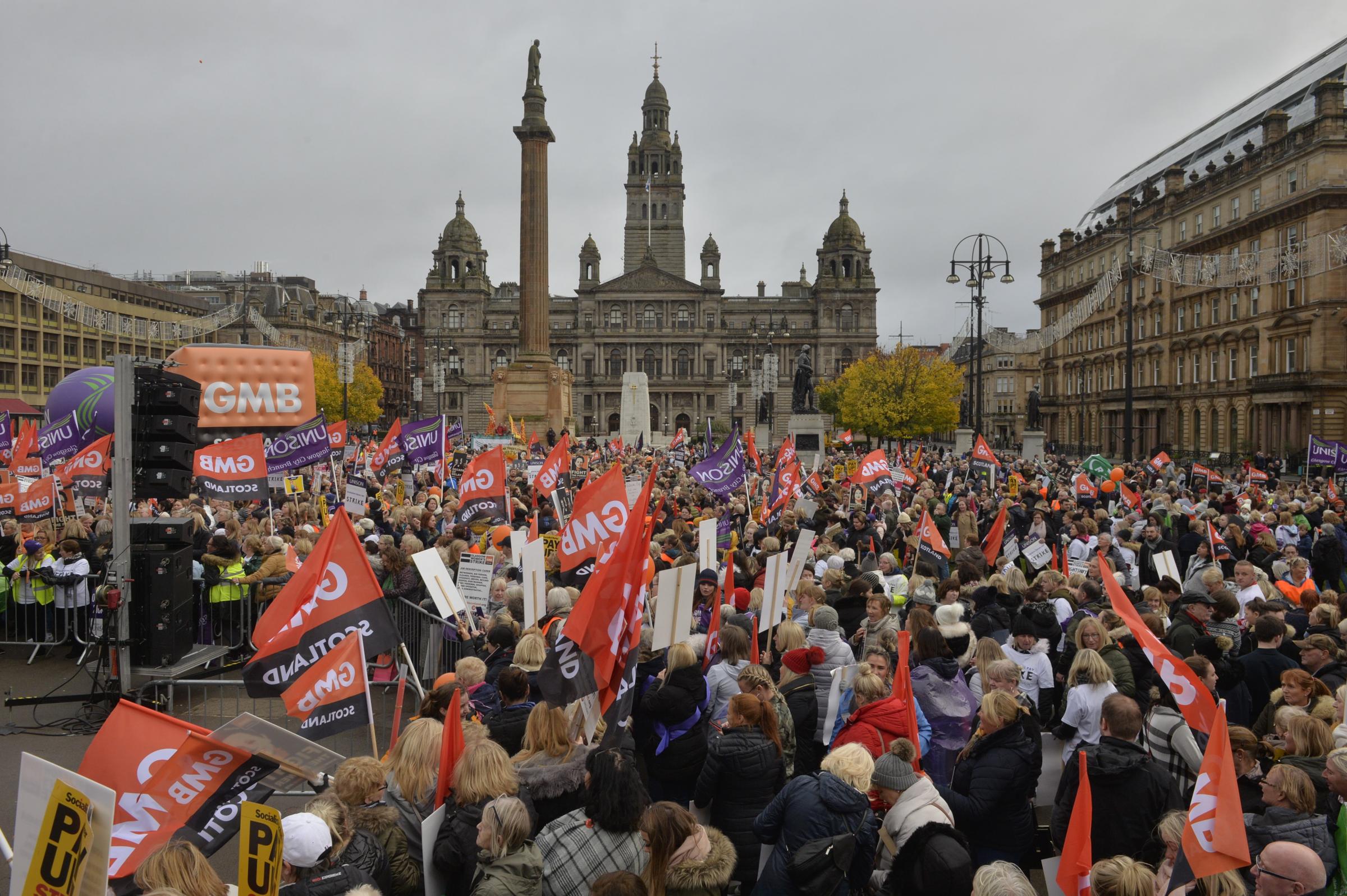About 8,000 striking in George Square amid a lack of progress on equal pay claims from thousands of female workers. 