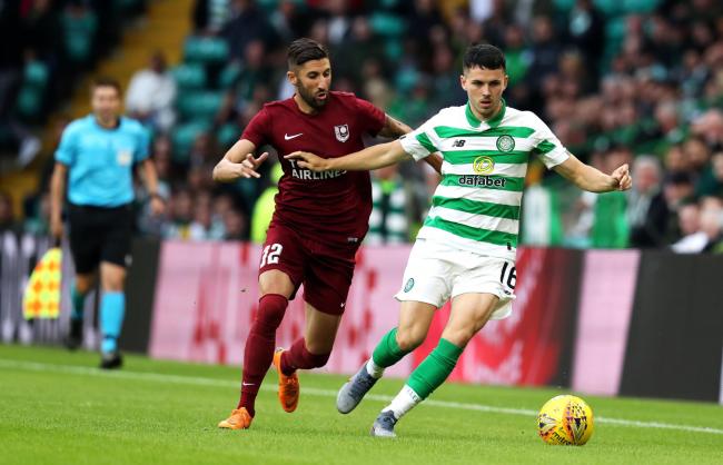 FK Sarajevo's Benjamin Tatar and Celtic's Lewis Morgan (right) battle for the ball during the UEFA Champions League first qualifying round, second leg match at Celtic Park, Glasgow. PRESS ASSOCIATION Photo. Picture date: Wednesday July 17, 2019. S