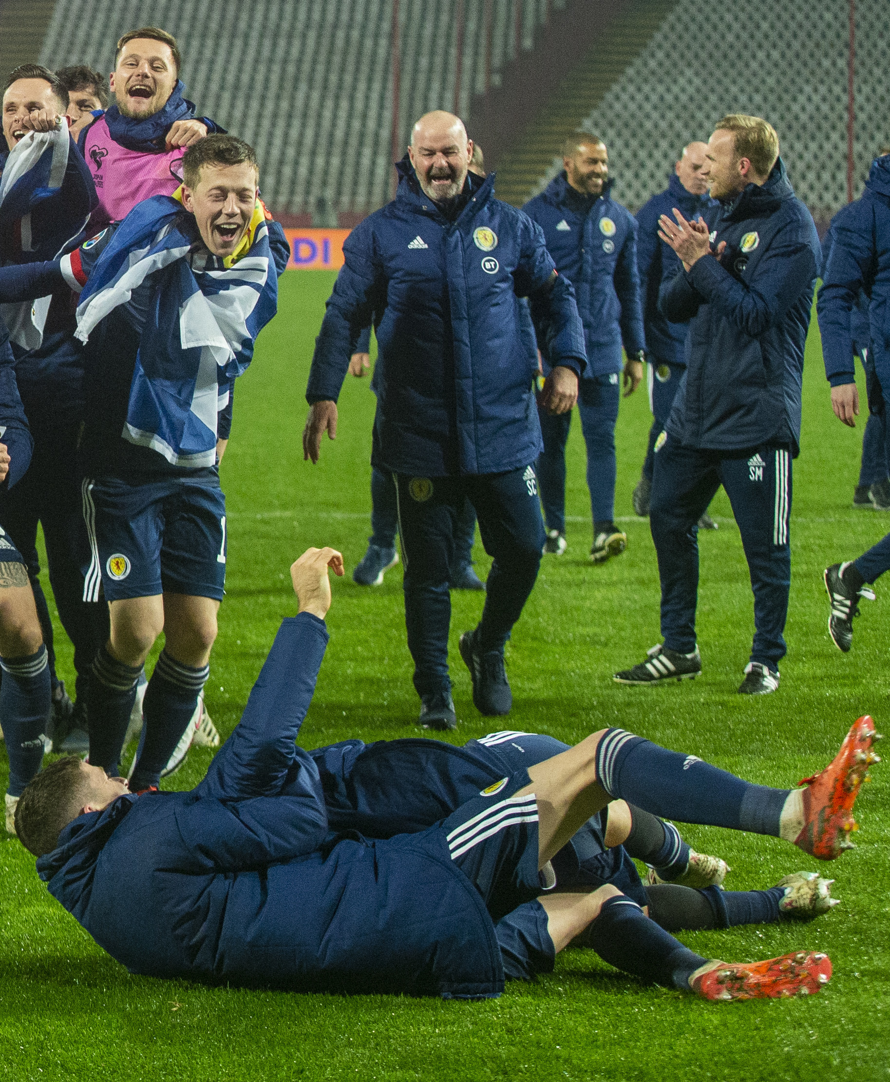 Scotland manager Steve Clarke celebrates at full time during the UEFA Euro 2020 Qualifier between Serbia and Scotland at the Stadion Rajko Mitic 
