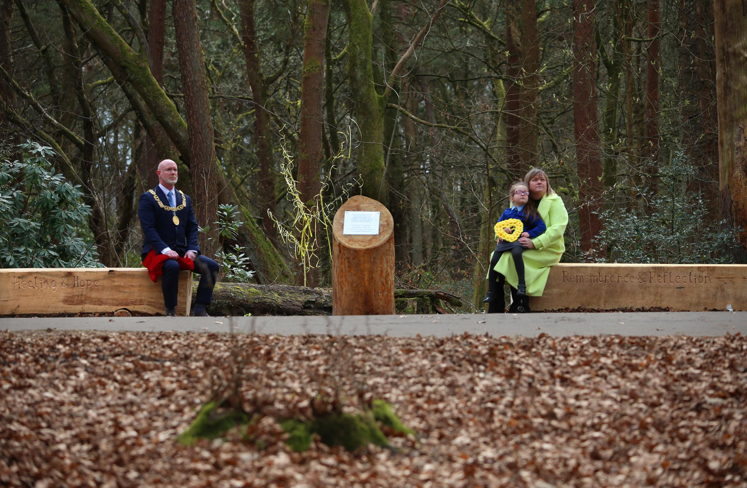 The plaque unveiled by Lord Provost of Glasgow Philip Braat in Pollok Park with Connie McCready and Jessica Machon. Photo by Gordon Terris.