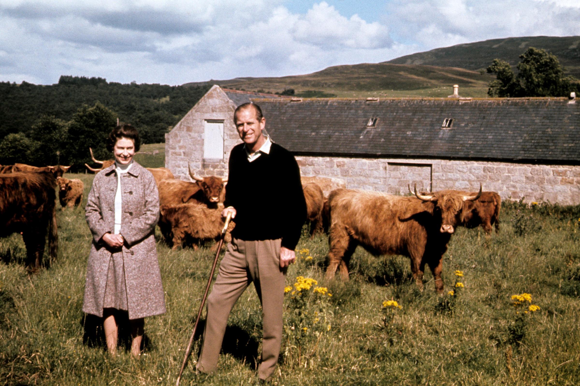 Queen Elizabeth II and the Duke of Edinburgh during a visit to a farm on their Balmoral estate, to celebrate their Silver Wedding anniversary. 