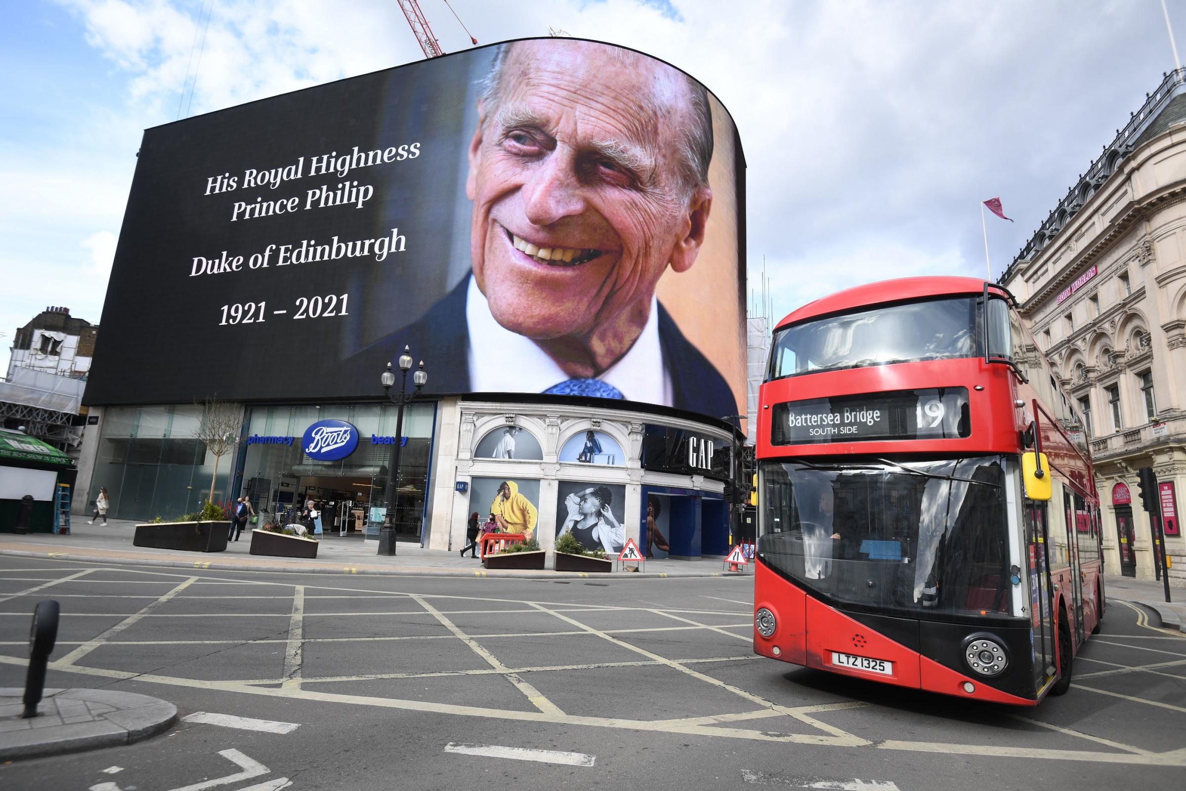 A tribute to the Duke of Edinburgh, which will be shown for 24 hours, on display at the Piccadilly Lights in central London.