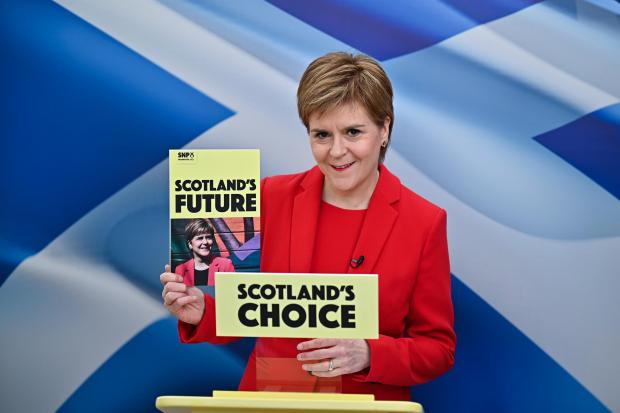 HeraldScotland: GLASGOW, SCOTLAND - APRIL 15: Scotland's First Minister and leader of the Scottish National Party, Nicola Sturgeon, launches the SNP Election Manifesto during campaigning for the Scottish Parliamentary election on April 15, 2021 in Glasgow, Scotland.