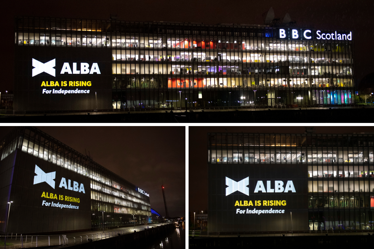 Alba Party protests BBC 'blackout' with giant projection on building