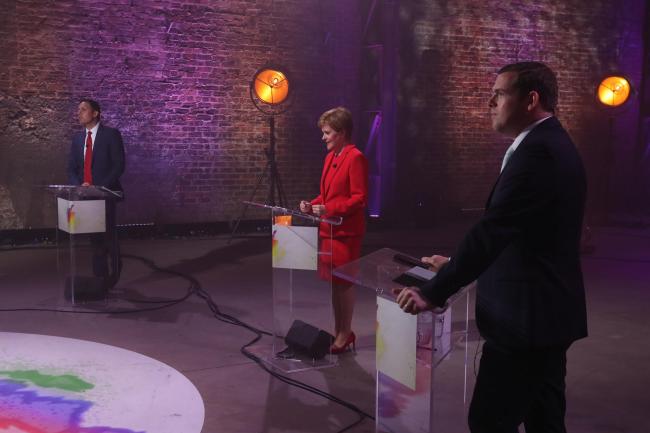 Scottish Labour leader Anas Sarwar, First Minister and leader of the Scottish National Party (SNP) Nicola Sturgeon and Scottish Conservative party leader Douglas Ross, as Scottish party leaders take part in Channel 4 News election debate in Glasgow this