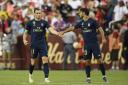 Real Madrid forward Gareth Bale (11) reacts with Marco Asensio, right, after his goal during the second half of an International Champions Cup soccer match against Arsenal, Tuesday, July 23, 2019, in Landover, Md. The game ended 2-2 and Real Madrid won 3-