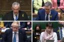Clockwise from top left: Speaker Lindsay Hoyle, Labour leader Keir Starmer, Prime Minister Boris Johnson and Green MP Caroline Lucas were all seen wearing yellow and blue badges