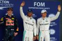 Max Verstappen, Lewis Hamilton and Nico Rosberg, l-r, on the 2016 British Grand Prix podium