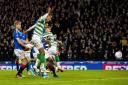 Celtic's Christopher Jullien scores the opener during the Betfred Cup Final between Rangers and Celtic