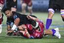 Warriors' Sione Vailanu scores a first-half try against Scarlets at Scotstoun Stadium