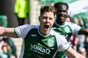 Kevin Nisbet celebrates after making it 1-0 during a cinch Premiership match between Hibernian and Heart of Midlothian at Easter Road