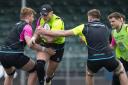 GLASGOW, SCOTLAND - APRIL 04: Jack Dempsey (centre) during a Glasgow Warriors open training session at Scotstoun Stadium, on April 04, 2023, in Glasgow, Scotland. (Photo by Ross MacDonald / SNS Group).