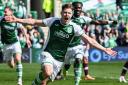 Hibernian's Kevin Nisbet celebrates after making it 1-0 during a cinch Premiership match between Hibernian and Heart of Midlothian at Easter Road