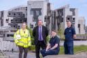 Minister for Higher and Further Education, Graeme Dey MSP with Modern Apprentices Kirsten Officer from Balfour Beatty, Sam Ramsay from Leonardo and Scott Hunter from Scottish Water