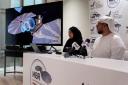 Mohsen Al Awadhi, director of UAE Space Missions Department, right, and Hoor AlMaazmi UAE, space science researcher, take part at a press conference revealing the latest news about the Emirates Mission to the Asteroid Belt, in Dubai, United Arab Emirates