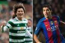 Celtic striker Kyogo Furuhashi, left, and Luis Suarez in action for Barcelona
