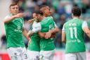 Hibernian forward Martin Boyle, second right, is congratulated by his team mates after scoring against Inter d'Escaldes in a UEFA Conference League qualifier at Easter Road tonight
