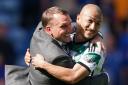 Celtic manager Brendan Rodgers celebrates with Daizen Maeda after the 1-0 win over Rangers at Ibrox today