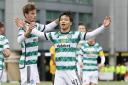 Reo Hatate celebrates after putting Celtic ahead at Livingston.