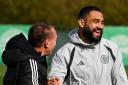 Celtic manager Brendan Rodgers enjoys a laugh with Cameron Carter-Vickers in training