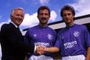 New Rangers signing Trevor Francis, right, is welcome to Ibrox by manager Graeme Souness, centre, and chairman David Holmes, left
