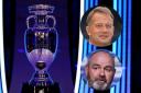 The Henri Delaunay Trophy at the Euro 2024 draw in Hamburg in Germany on Saturday, main picture, SFA chief executive Ian Maxwell, inset top, and Scotland manager Steve Clarke, inset bottom