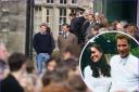 Filming on location in St Andrews for 'The Crown' depicting Prince William's arrival in the town in 2001 and (inset) Kate and William while at the university together