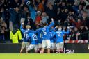 Rangers players celebrate James Tavernier's goal against Aberdeen at in the Viaplay Cup final at Hampden this afternoon
