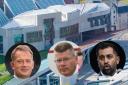 The Scottish parliament at Holyrood, main picture, SFA chief executive Ian Maxwell, left, SPFL chiefd executive Neil Doncaster, centre, and First Minister Humza Yousaf, right