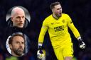 Rangers goalkeeper Jack Butland, main picture, Ibrox manager Philippe Clement, inset top, and Gareth Southgate, inset bottom